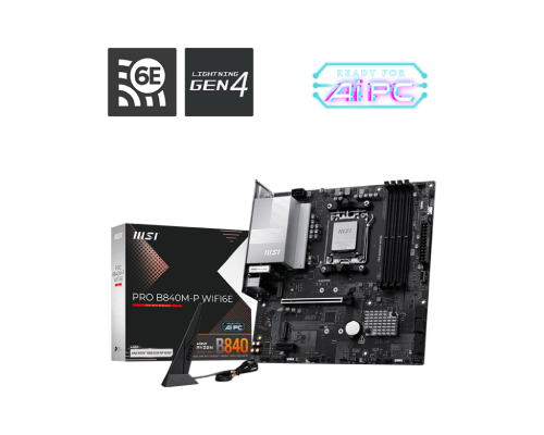 MSI PRO B840M-P WIFI6E | Processor family AMD | Processor socket AM5 | DDR5 | Supported hard disk drive interfaces SATA, M.2 | Number of SATA connectors 4