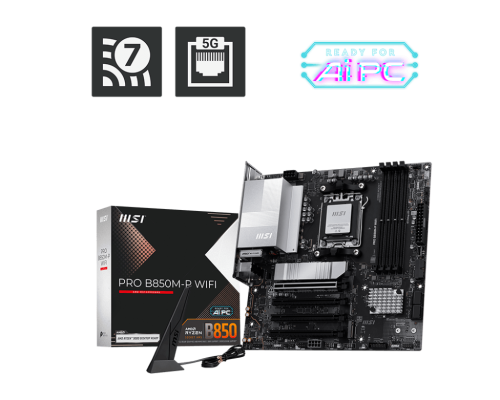 MSI PRO B850M-P WIFI | Processor family AMD B850 | Processor socket AM5 | DDR5 | Supported hard disk drive interfaces SATA, M.2 | Number of SATA connectors 4