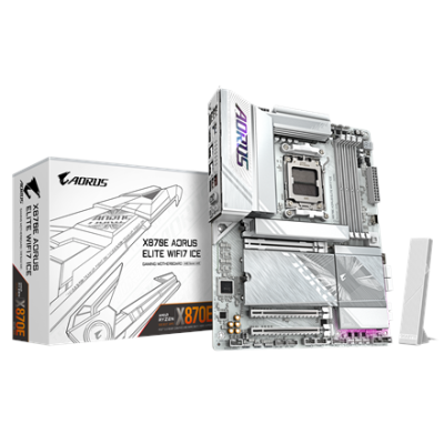 Gigabyte X870E AORUS ELITE WIFI7 ICE | Processor family AMD | Processor socket AM5 | DDR5 | Supported hard disk drive interfaces SATA, M.2 | Number of SATA connectors 4