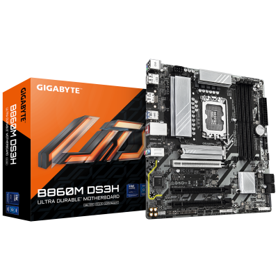 Gigabyte B860M DS3H | Processor family Intel | Processor socket LGA1851 | DDR5 | Supported hard disk drive interfaces M.2, SATA | Number of SATA connectors 4