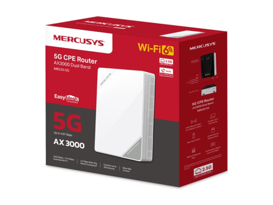 Mercusys 5G AX3000 Wireless Dual Band Router | MB520-5G | 802.11ax | 574 / 2402 Mbit / s | Ethernet LAN (RJ-45) ports 1 | Mesh Support No | MU-MiMO No | No mobile broadband | Antenna type Internal