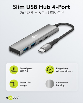 Goobay Slim 4-Port USB Hub, USB-C to USB-C / USB-A, 5 Gbit / s | 76563