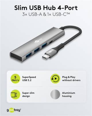 Goobay Slim 4-Port USB Hub, USB-C to USB-C / USB-A, 5 Gbit / s | 76562