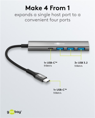 Goobay Slim 4-Port USB Hub, USB-C to USB-C / USB-A, 5 Gbit / s | 76562