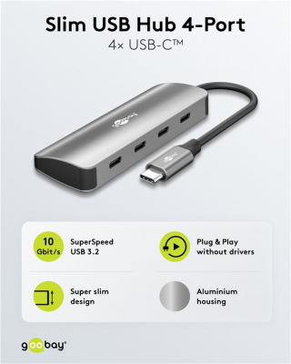 Goobay Slim 4-Port USB-Hub, USB-C auf USB-C, 10 Gbit / s, Grey | 76565