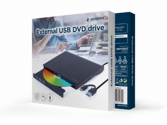 Gembird External USB DVD Drive | DVD-USB-031 | Interface USB Type-C (m), USB 3.1 Gen. 1 | DVD±R / RW / CD±R / RW | CD read speed 24 x | CD write speed 24 x | Black