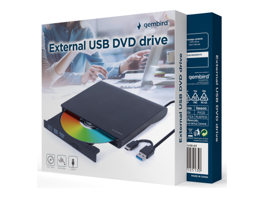 Gembird External USB DVD Drive | DVD-USB-031 | Interface USB Type-C (m), USB 3.1 Gen. 1 | DVD±R / RW / CD±R / RW | CD read speed 24 x | CD write speed 24 x | Black