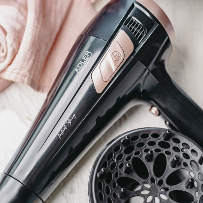 Adler Hair dryer with retractable power cord | AD 2283 | 2400 W | Number of temperature settings 3 | Diffuser nozzle | Black / Golden Rose