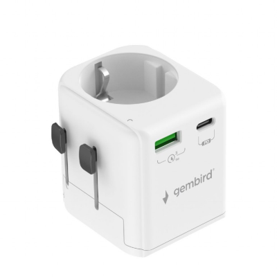 Gembird Grounded universal travel power adapter, 20 W | TPA-EU1A1C20-01-W