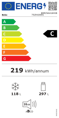 BEKO Refrigerator | B5RCNA416HXB | Energy efficiency class C | Free standing | Combi | Height 203.5 cm | No Frost system | Fridge net capacity 297 L | Freezer net capacity 118 L | Display | 35 dB | Stainless steel