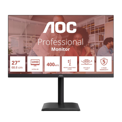 AOC | U27E4CV | 27 " | IPS | UHD | 16:9 | 60 Hz | 4 ms | 3840 x 2160 pixels | 400 cd / m² | HDMI ports quantity 2 | Black