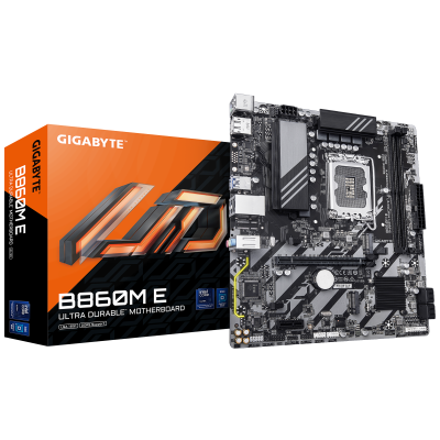 Gigabyte B860M E | Processor family Intel | Processor socket LGA1851 | DDR5 | Supported hard disk drive interfaces SATA, M.2 | Number of SATA connectors 4