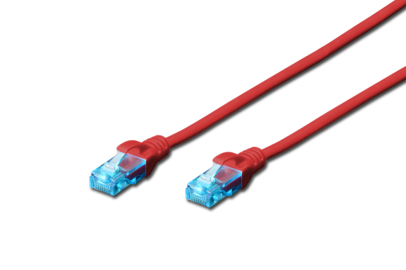 CAT 5e U-UTP | Patch cord | PVC AWG 26 / 7 | Boots with kink protection, strain relief and latch protection | Red | 0.5 m | Modular RJ45 (8 / 8) plug