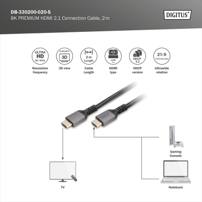 Digitus 8K HDMI Ultra High Speed Connection Cable | DB-330200-020-S | 2 m