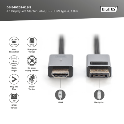 Digitus 4K DisplayPort Adapter Cable, DP - HDMI Type A | DB-340202-018-S | 1.8 m
