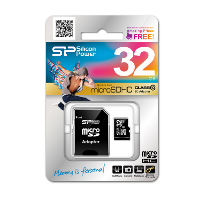 Silicon Power  |  32 GB  |  MicroSDHC  |  Flash memory class 10  |  SD adapter