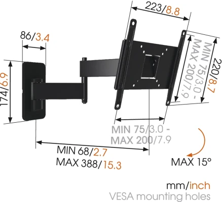 Vogels  |  Wall mount  |  MA2040-A1  |  Full motion  |  19-40 "  |  Maximum weight (capacity) 15 kg  |  Black