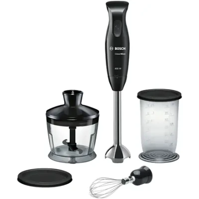 Bosch  |  Blender  |  CleverMixx MSM2650B  |  Hand Blender  |  600 W  |  Jar material Plastic  |  Chopper  |  Mini chopper  |  Black