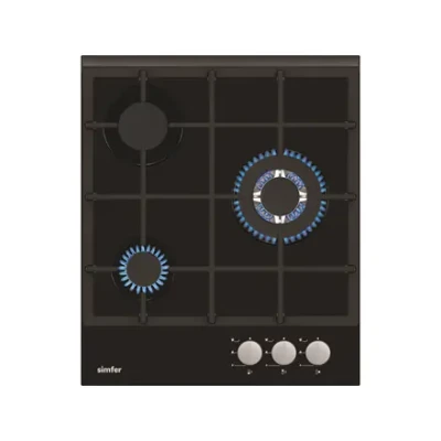 Simfer  |  Hob  |  H4.305.HGSSP  |  Gas on glass  |  Number of burners / cooking zones 3  |  Rotary knobs  |  Black