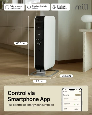 Mill  |  Heater  |  OIL1500WIFI3 GEN3  |  Oil Filled Radiator  |  1500 W  |  Number of power levels 3  |  Suitable for rooms up to 25 m²  |  White / Black