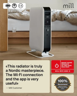 Mill  |  Heater  |  OIL1500WIFI3 GEN3  |  Oil Filled Radiator  |  1500 W  |  Number of power levels 3  |  Suitable for rooms up to 25 m²  |  White / Black