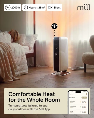 Mill  |  Heater  |  OIL2000WIFI3 GEN3  |  Oil Filled Radiator  |  2000 W  |  Number of power levels 3  |  Suitable for rooms up to 24 m²  |  White / Black