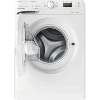 INDESIT  |  Washing machine  |  MTWA 71252 W EE  |  Energy efficiency class E  |  Front loading  |  Washing capacity 7 kg  |  1200 RPM  |  Depth 54 cm  |  Width 59.5 cm  |  Display  |  LED  |  White