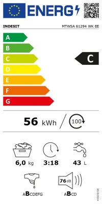 INDESIT  |  Washing machine  |  MTWSA 61294 WK EE  |  Energy efficiency class C  |  Front loading  |  Washing capacity 6 kg  |  1151 RPM  |  Depth 42.5 cm  |  Width 59.5 cm  |  Display  |  Big Digit  |  White