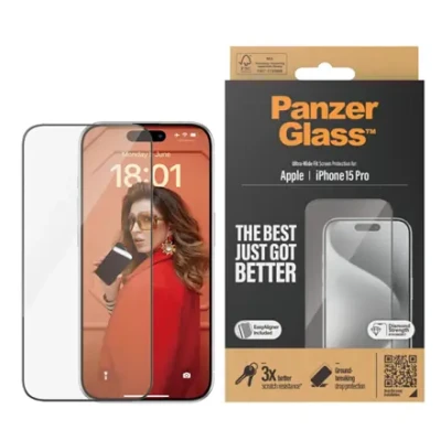 PanzerGlass  |  Screen protector  |  Apple  |  iPhone 15 Pro  |  Glass  |  Clear  |  Easy installation; Fingerprint resistant; Anti-yellowing  |  Ultra-Wide Fit