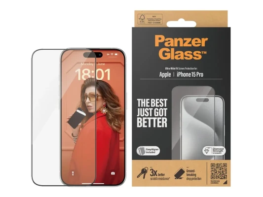 PanzerGlass  |  Screen protector  |  Apple  |  iPhone 15 Pro  |  Glass  |  Clear  |  Easy installation; Fingerprint resistant; Anti-yellowing  |  Ultra-Wide Fit