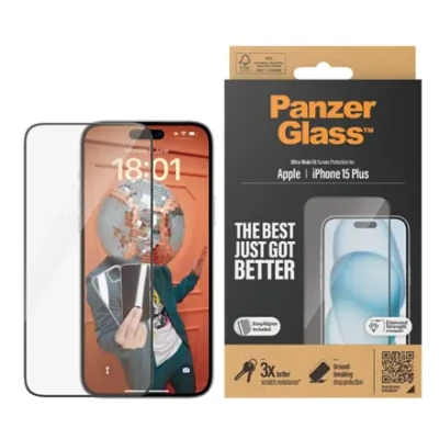 PanzerGlass  |  Ekrāna aizsargs  |  Apple  |  IPhone 15 Plus  |  Stikls  |  Caurspīdīgs  |  Ultra-plats fit, Skrāpējumu izturīgs, Kritiena aizsardzība, EasyAligner iekļauts