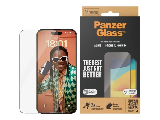 PanzerGlass  |  Ekrāna aizsargstikls  |  Apple  |  iPhone 15 Pro Max  |  Stikls  |  Caurspīdīgs  |  Ultra-platums, Skrāpējumu izturīgs, Kritiena aizsardzība, EasyAligner iekļauts