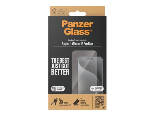 PanzerGlass  |  Ekrāna aizsargstikls  |  Apple  |  iPhone 15 Pro Max  |  Stikls  |  Caurspīdīgs  |  Ultra-platums, Skrāpējumu izturīgs, Kritiena aizsardzība, EasyAligner iekļauts
