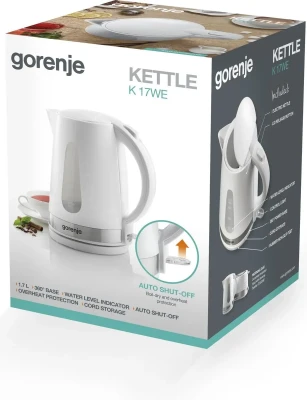 Gorenje  |  Kettle  |  K17WE  |  Electric  |  2200 W  |  1.7 L  |  Plastic / Metal  |  360° rotational base  |  White