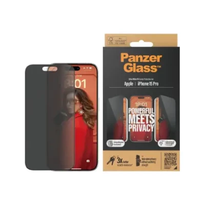 PanzerGlass  |  Screen protector  |  Apple  |  iPhone 15 Pro  |  Glass  |  Black  |  Ultra-Wide Fit w. EasyAligner