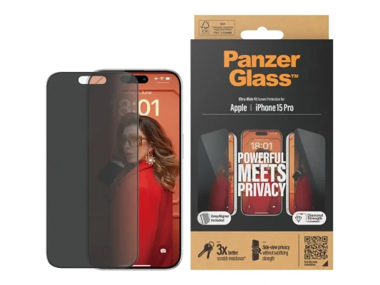 PanzerGlass  |  Screen protector  |  Apple  |  iPhone 15 Pro  |  Glass  |  Black  |  Ultra-Wide Fit w. EasyAligner