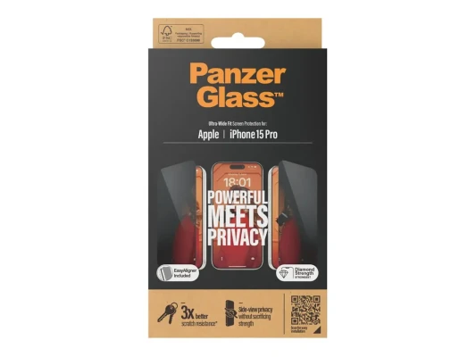 PanzerGlass  |  Screen protector  |  Apple  |  iPhone 15 Pro  |  Glass  |  Black  |  Ultra-Wide Fit w. EasyAligner