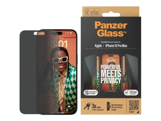 PanzerGlass  |  Privacy Screen Protector  |  Apple  |  iPhone 15 Pro Max  |  Tempered glass  |  Black  |  Ultra-Wide Fit W. Easyaligner