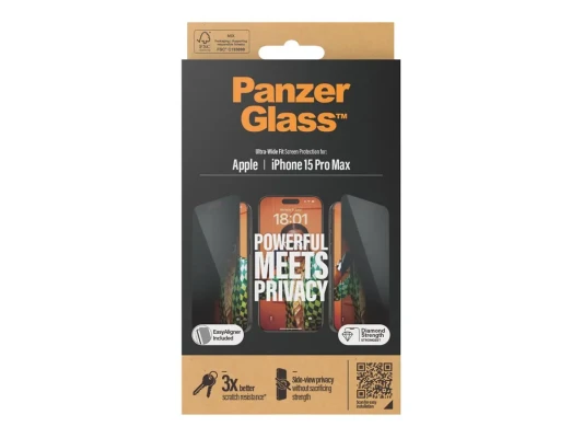 PanzerGlass  |  Privacy Screen Protector  |  Apple  |  iPhone 15 Pro Max  |  Tempered glass  |  Black  |  Ultra-Wide Fit W. Easyaligner