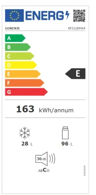 Gorenje  |  Ledusskapis  |  RF212EPW4  |  Energoefektivitātes klase E  |  Brīvi stāvošs  |  Divdurvju  |  Augstums 117 cm  |  Ledusskapja tīrā ietilpība 96 L  |  Saldētavas tīrā ietilpība 28 L  |  36 dB  |  Balts