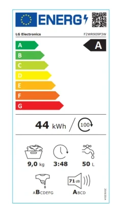 LG  |  Washing Machine  |  F2WR909P3W  |  Energy efficiency class A  |  Front loading  |  Washing capacity 9 kg  |  1200 RPM  |  Depth 47.5 cm  |  Width 60 cm  |  LED  |  Steam function  |  Direct drive  |  Wi-Fi  |  White