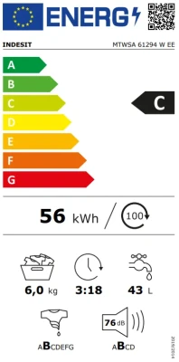 INDESIT  |  Washing Machine  |  MTWSA 61294 W EE  |  Energy efficiency class C  |  Front loading  |  Washing capacity 6 kg  |  1200 RPM  |  Depth 42.5 cm  |  Width 59.5 cm  |  Display  |  LED  |  White