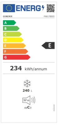 Gorenje  |  Freezer  |  FN617EES5  |  Energy efficiency class E  |  Upright  |  Free standing  |  Height 172 cm  |  Total net capacity 240 L  |  No Frost system  |  Display  |  Stainless Steel