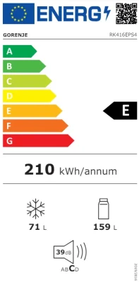 Gorenje  |  Refrigerator  |  RK416EPS4  |  Energy efficiency class E  |  Free standing  |  Combi  |  Height 161.3 cm  |  Fridge net capacity 159 L  |  Freezer net capacity 71 L  |  39 dB  |  Grey