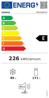 Gorenje Refrigerator  |  NRK418ECW4  |  Energy efficiency class E  |  Free standing  |  Combi  |  Height 182.4 cm  |  No Frost system  |  Fridge net capacity 171 L  |  Freezer net capacity 85 L  |  41 dB  |  White