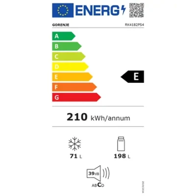 Gorenje Refrigerator  |  RK4182PS4  |  Energy efficiency class E  |  Free standing  |  Combi  |  Height 180 cm  |  Fridge net capacity 198 L  |  Freezer net capacity 71 L  |  39 dB  |  Grey