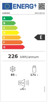 Gorenje Refrigerator  |  NRK418ECS4  |  Energy efficiency class E  |  Free standing  |  Combi  |  Height 182.4 cm  |  No Frost system  |  Fridge net capacity 171 L  |  Freezer net capacity 85 L  |  37 dB  |  Grey