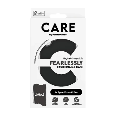 CARE by PanzerGlass Case Fashion  |  Back protection  |  Apple  |  iPhone 16 Plus  |  Recycled plastic  |  Black  |  MagSafe
