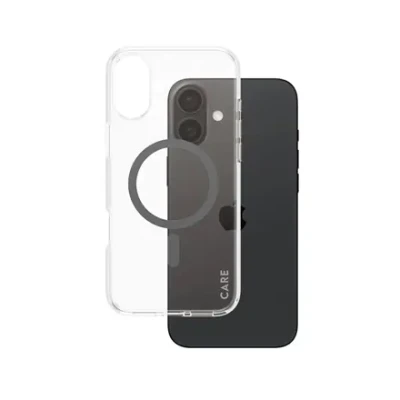 CARE by PanzerGlass Case Flagship  |  Back protection  |  Apple  |  iPhone 16 Plus  |  Recycled plastic  |  Transparent / Black  |  MagSafe