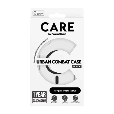 CARE by PanzerGlass Case Flagship  |  Back protection  |  Apple  |  iPhone 16 Plus  |  Recycled plastic  |  Transparent / Black  |  MagSafe